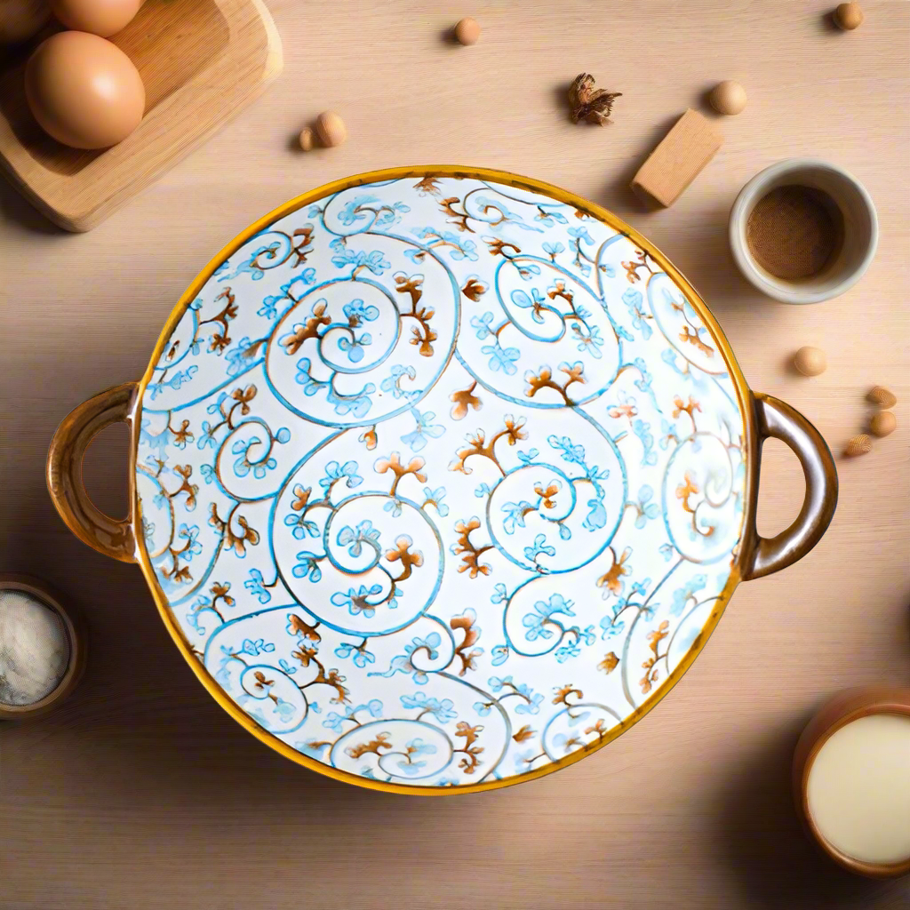 Aqua And Brown Ceramic Bowl With Handles Farmhouse Style With Oriental Japanese Influence Akua Swirl Pattern