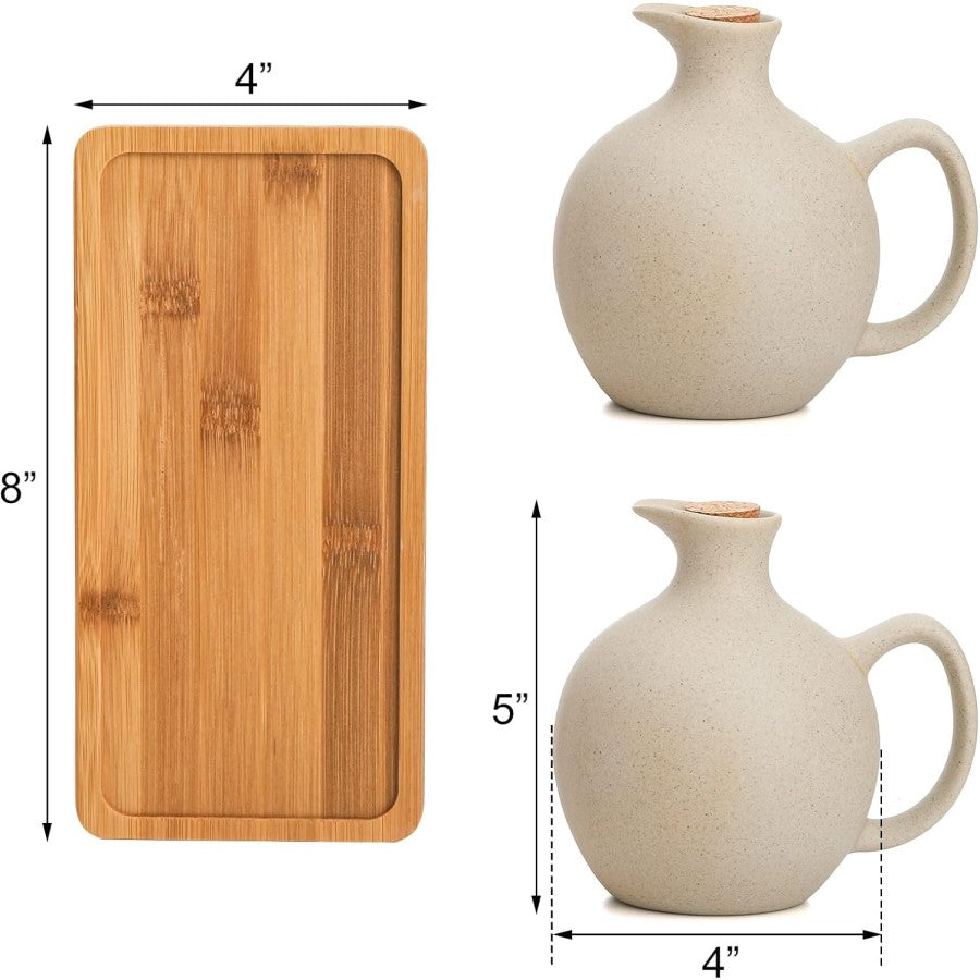 Organic Modern Style Three Piece Ceramic Oil & Vinegar Cruet Set Includes Two Ceramic Pottery Jars Cork Stoppers And Bamboo Wooden Tray
