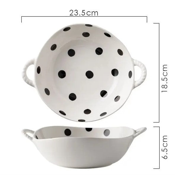Farmhouse Black Polka Dot Style Irregular Shaped Ceramic Dinnerware Bowl With Handles Size Measurements