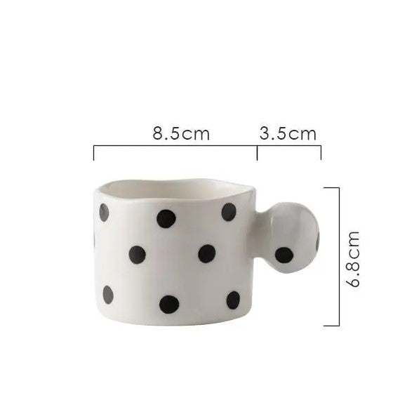 Farmhouse Black Polka Dot Style Irregular Shaped Ceramic Dinnerware Mug With Knob Handle Size Measurements