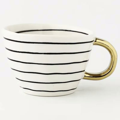 Blackband Artistic Style Patterned Irregular Shaped Ceramic Mug With Gold Handle