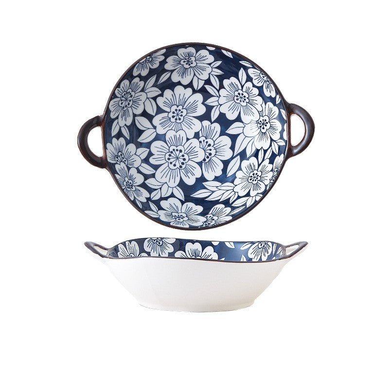 Farmhouse Mediterranean Style Bold Blooms Irregular Shaped Ceramic Bowl With Handles
