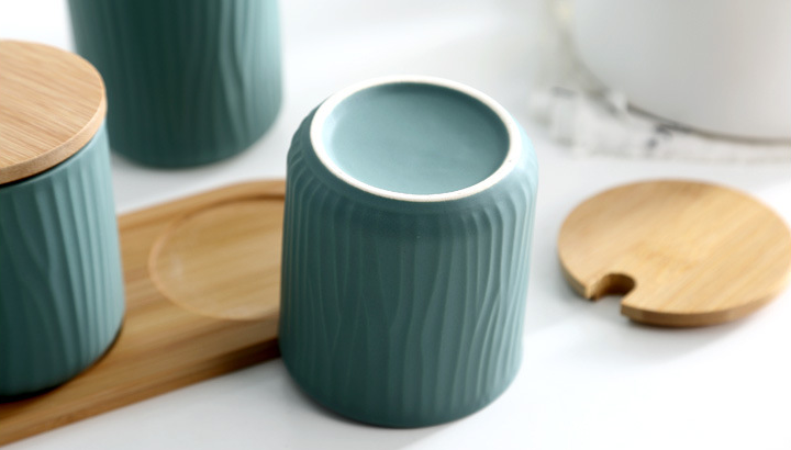 Bamboo Tray Ceramic Jars In Sea Color And Matching Bamboo Wooden Lids Kitchen Food Storage And Tabletop Decor