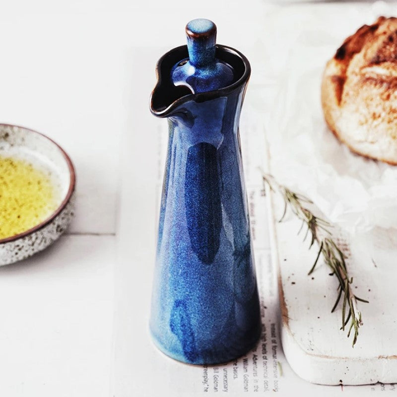 Bright Cobalt Blue Bottle Terrace Ceramic Cruet With Lid Admiral Blues Oil Dispenser With Fresh Bread Rosemary Oil