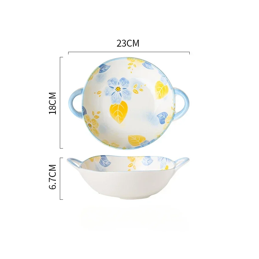 Ceramic Bowl With Handles Irregular Shape Dish Size Measurements Breezy Style Floral Pattern Kehlani