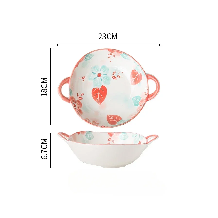 Ceramic Bowl With Handles Irregular Shape Dish Size Measurements Breezy Style Floral Pattern Roxy