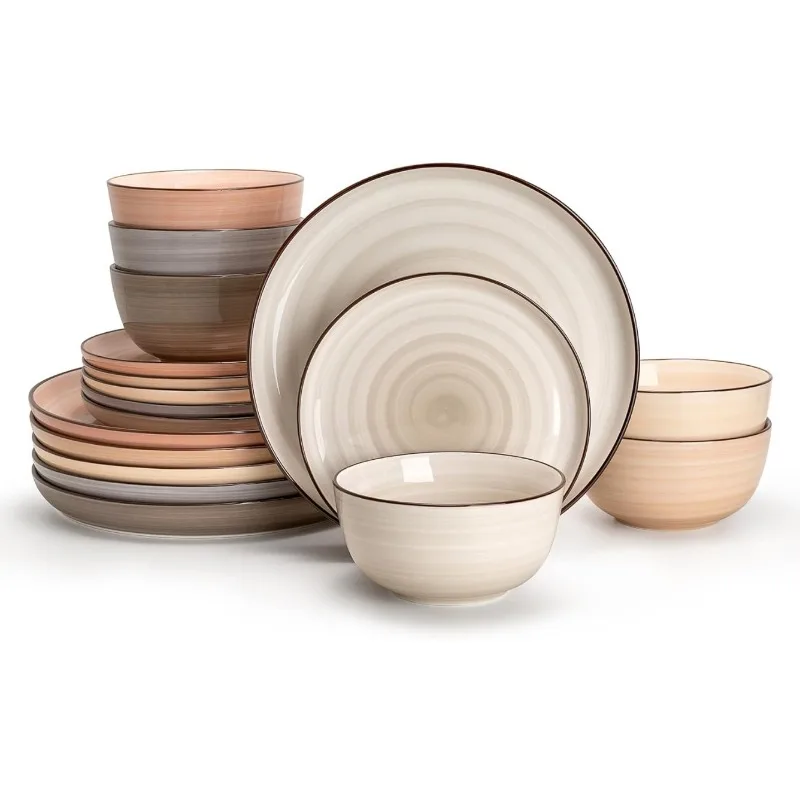 18 Piece Ceramic Dish Set Simplicity Cafe Colors Dinnerware With Six Place Settings Bowls Salad Plates And Dinner Plates In A Variety Of Creamy Brown Colors