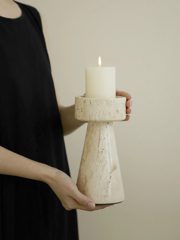 Marble Looking Travertine Raw Stone Pillar Holding Candle