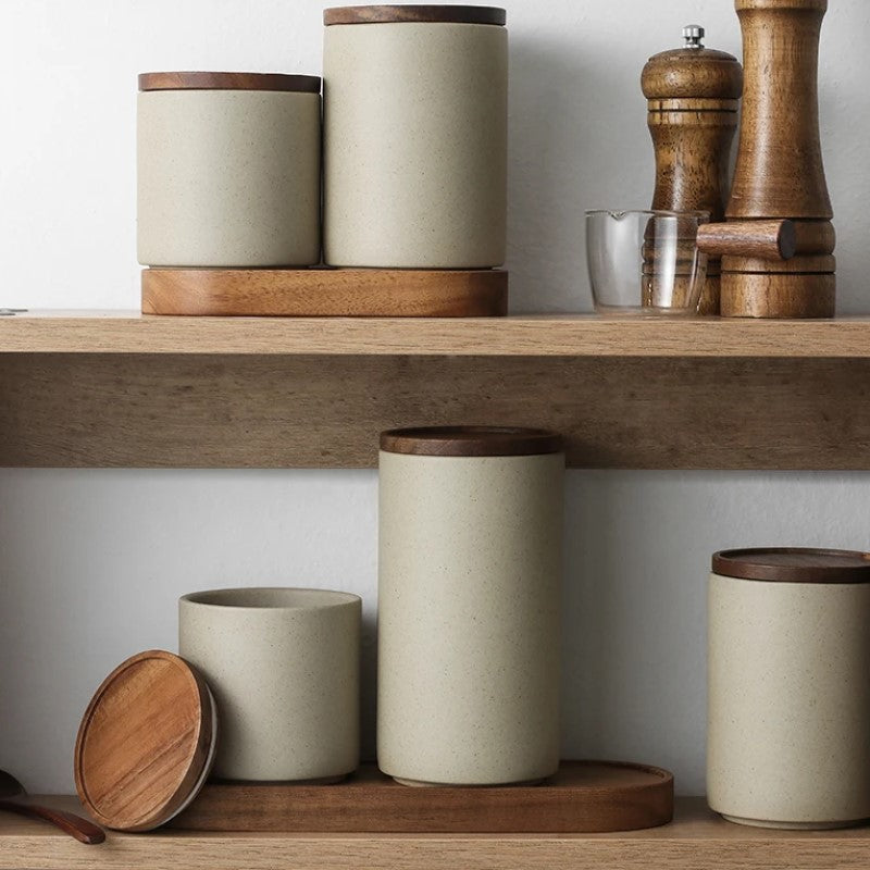 Open Kitchen Shelving Home Decor Canisters Ceramic Pottery With Acacia Wood Lids And Trays