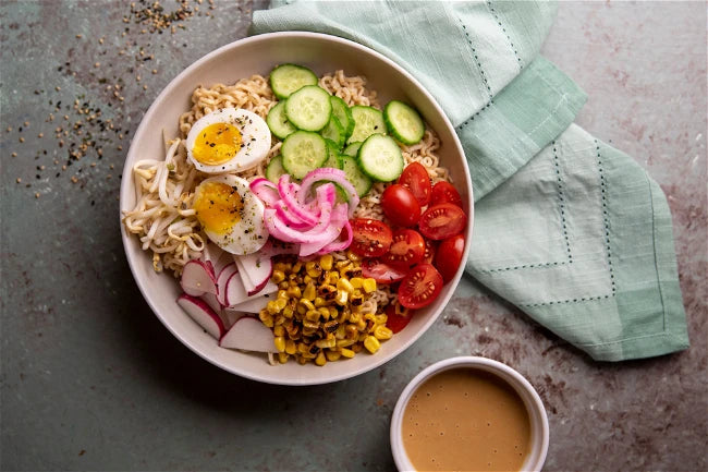 Colorful Healthy Food Chilled Vegetable Ramen Bowls Recipe With Once Again Organic Sesame Seed Tahini Sauce