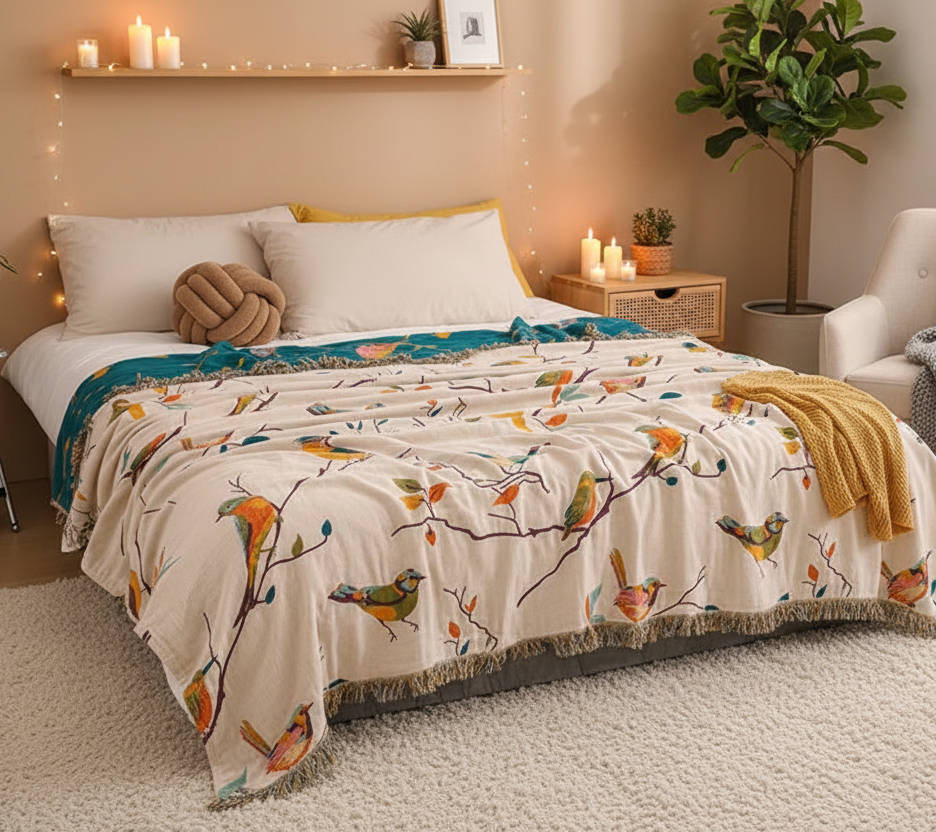 Cozy Twinkle Light Bedroom Decor With Bird Bedspread Blanket