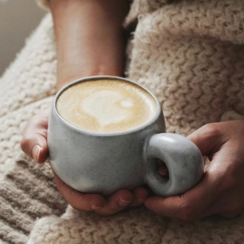 Cozy Hygge Vibes Latte In Organic Style Ceramic Mug With Retro Chunky Handle