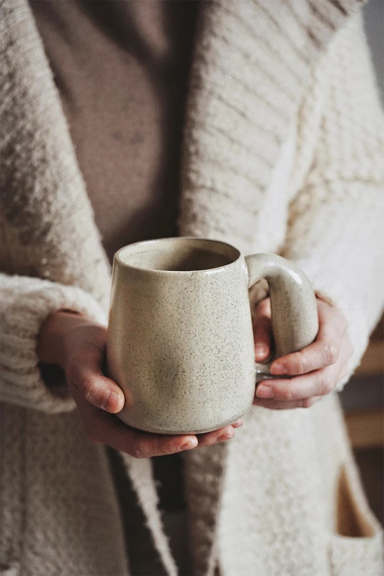 Hygge Lifestyle Pottery With Cozy Vibes Ceramic Mug In Organic Retro Style With Chunky Handle Shape