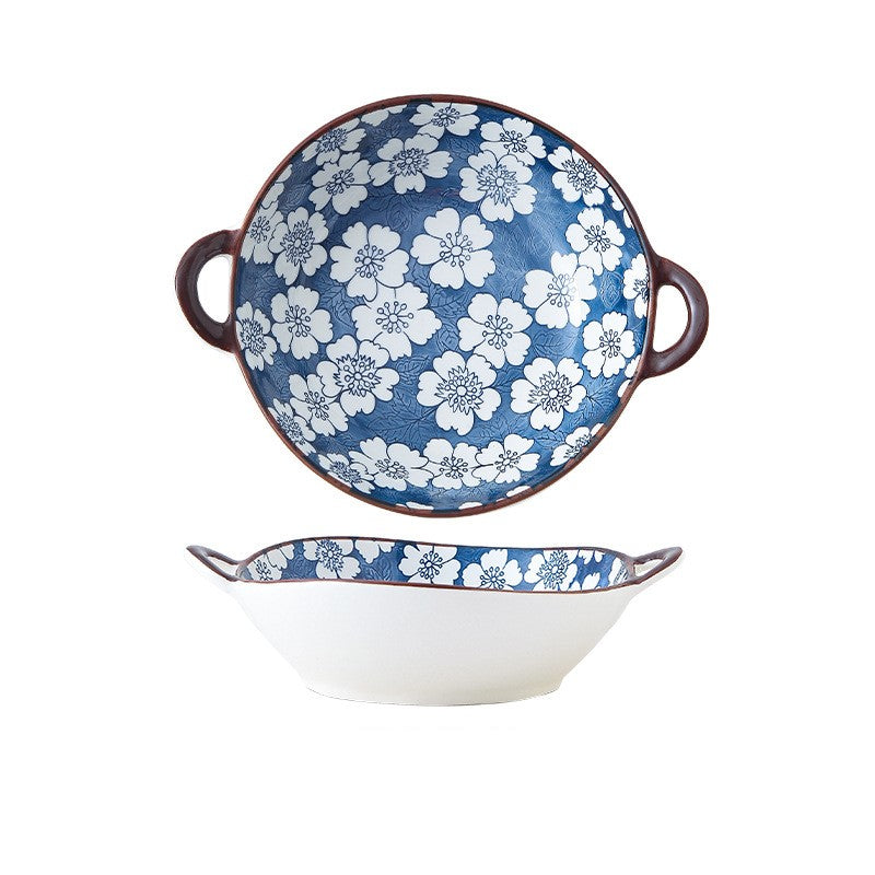 Farmhouse Mediterranean Style Delicate Blossoms Irregular Shaped Ceramic Bowl With Handles