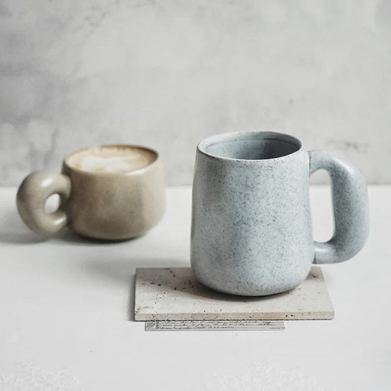 Desert Haze And Morning Mist Earthy Color Palette Pottery Retro Style Coffee Cups With Organic Shapes In Shallow And Deep Mug Sizes With Chunky Handles