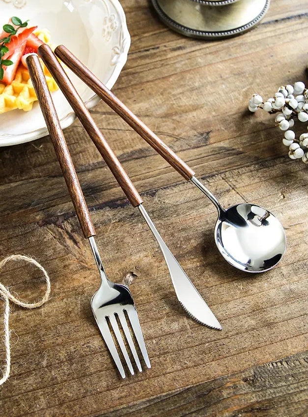 Dining Table With Modern Farmhouse Style Silverware Ferme Flatware Set With Rosewood Handle Utensils