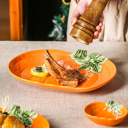 Dinner Served  On Ceramic Pumpkin Plates Serveware Pottery For Fall Tablescapes