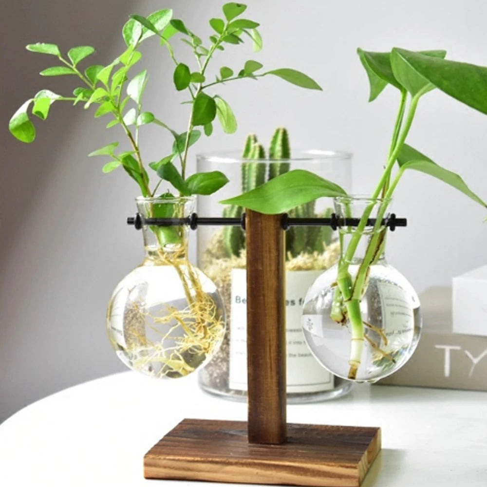 glass hydroponic plant vases Wooden Art Hydroponics Container Transparent Glass Vase Modern Flower Plant Container Creative Terrarium Flowerpot for Room Home Wedding Decoration