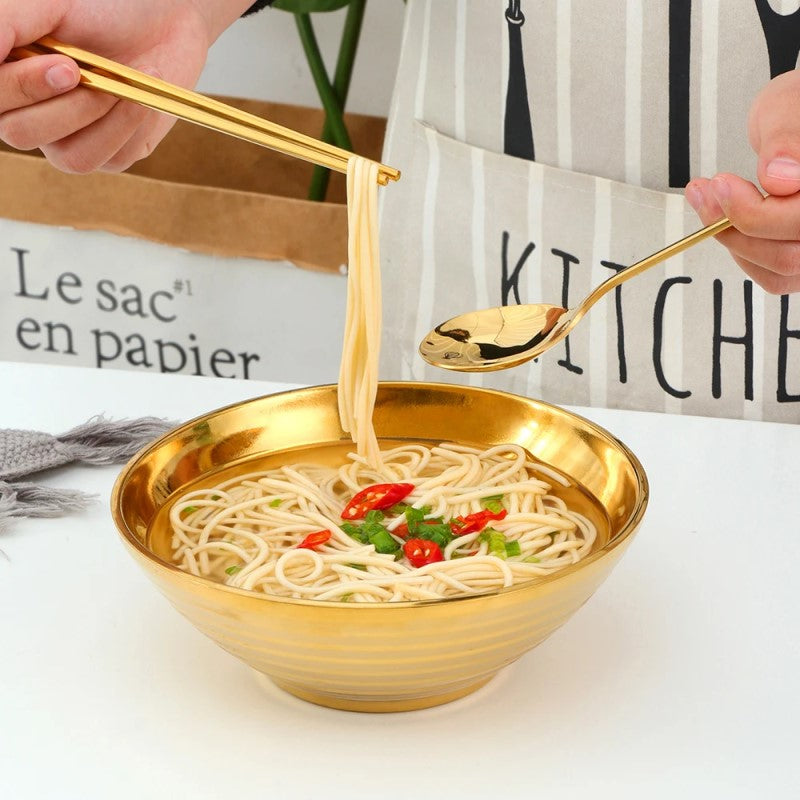 Eating Hot Soup From Insulated Metal Bowl Stainless Steel Gold Noodle Bowl With Matching Chopsticks And Gold Spoon