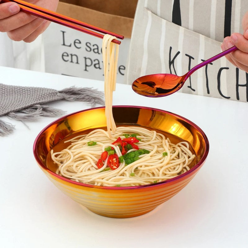 Eating Meal With Chopsticks And Matching Soup Spoon Glam Stainless Steel Metal Noodle Bowl In Gradient Sunset Colors
