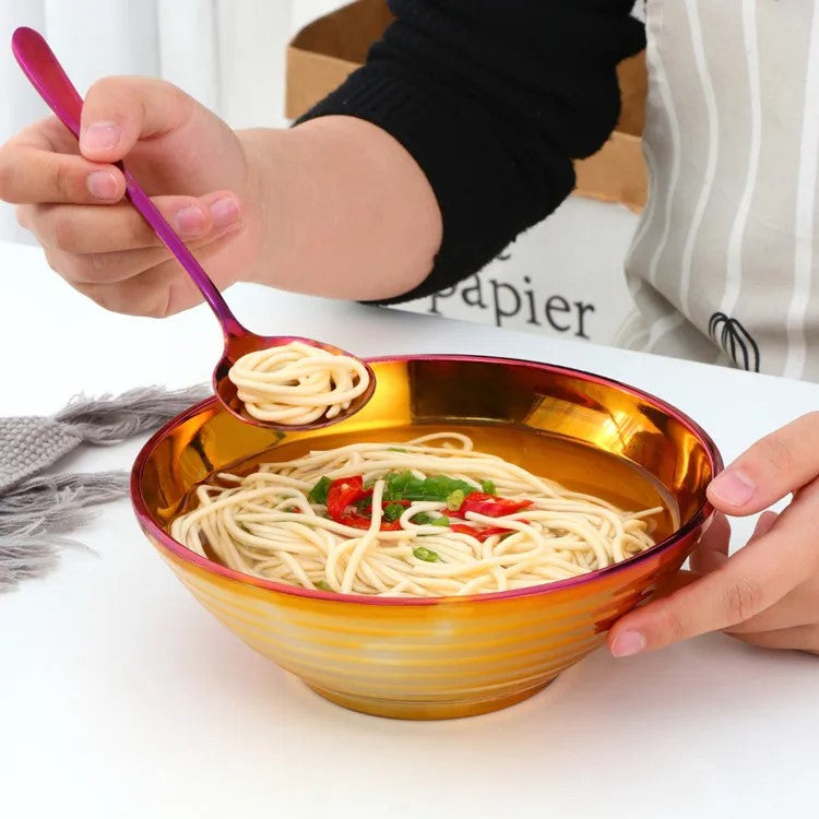 Eating Soup Noodles From Ombre Style Glamorous Shiny Sunset Color Noodle Bowl Made Of Insulated Stainless Steel Metal With Matching Spoon