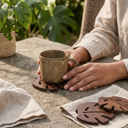 Wood Leaf Shaped Drink Coaster Tree