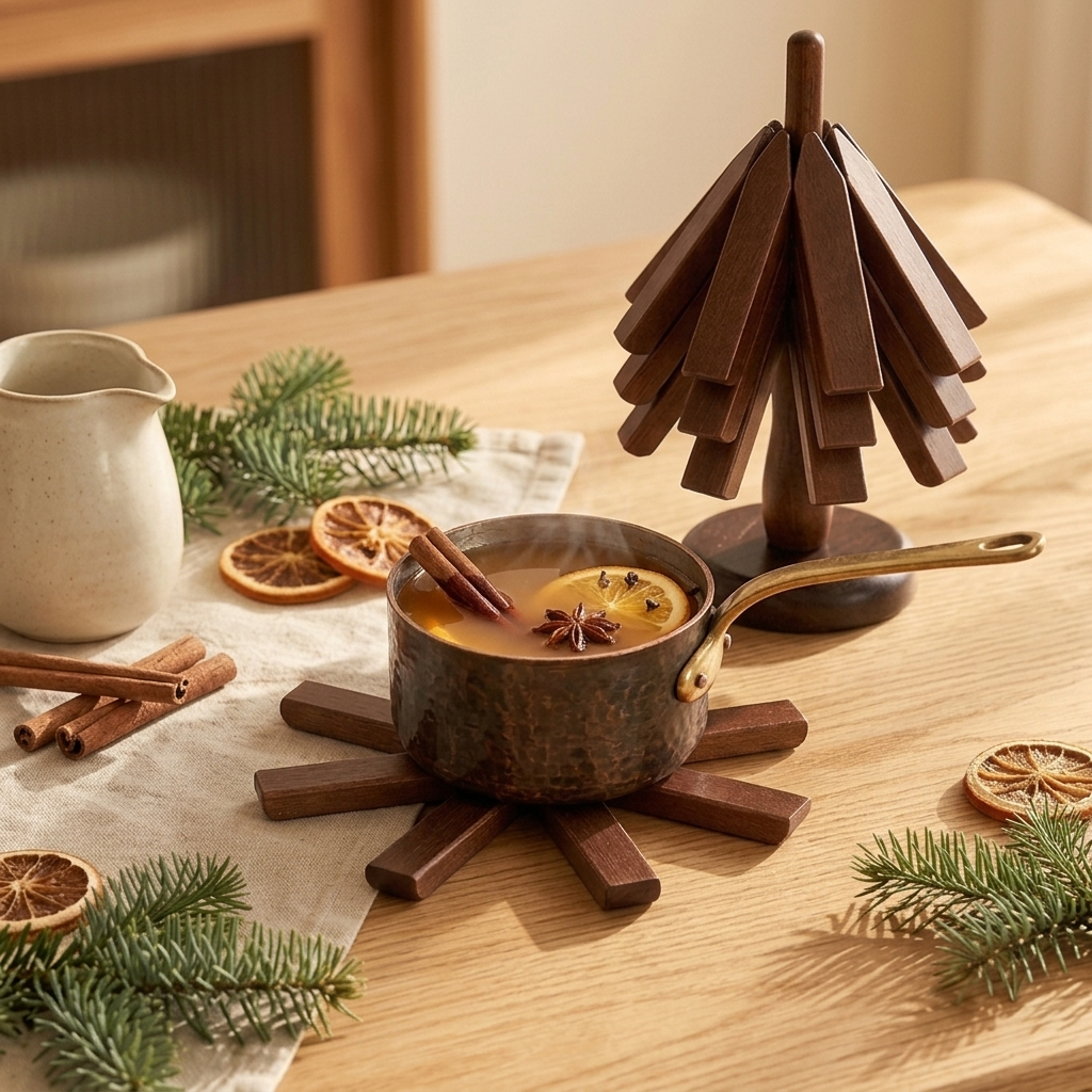 Fall Spices And Winter Cider In Saucepan On Wood Hot Pad Trivet Tree
