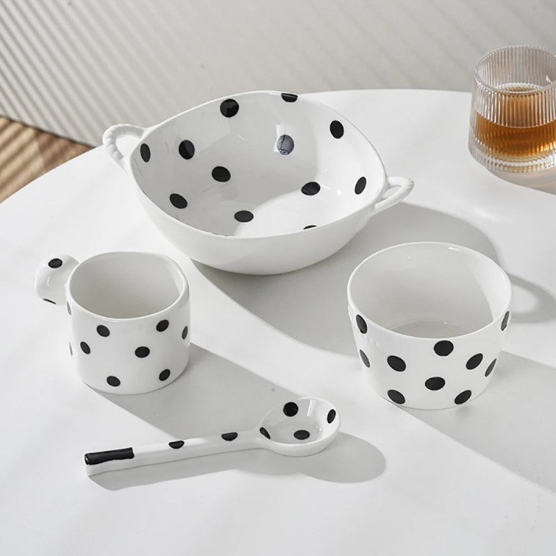 Farmhouse Style Black Polka Dot Dinnerware Bowl With Handles Knob Mug Matching Ceramic Spoon And Ramekin