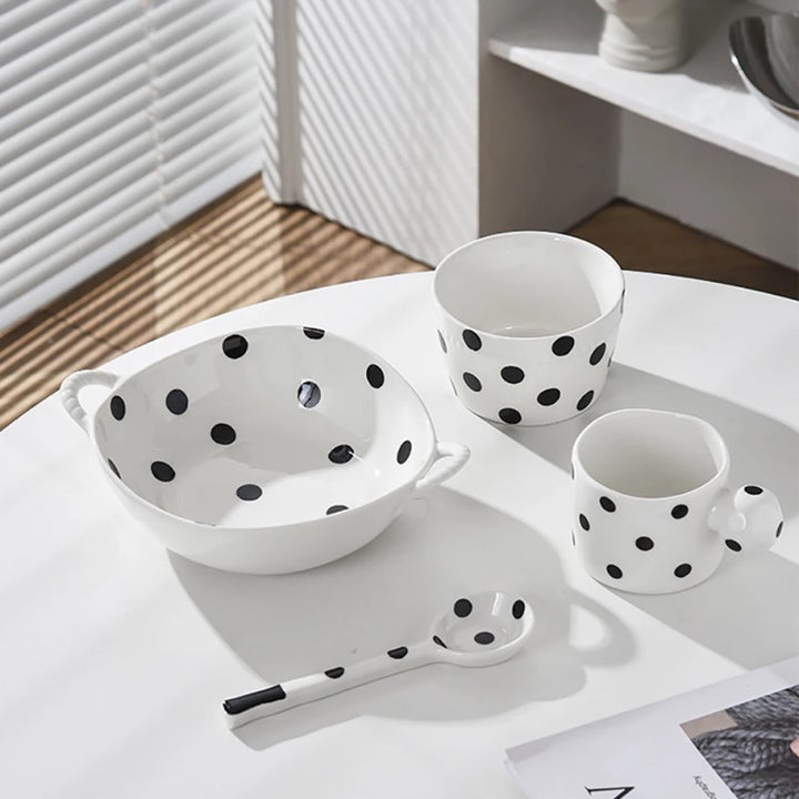 Black Polka Dot Dishes Farmhouse Style Bowl With Handles Ramekin Knob Handled Mug And Ceramic Spoon