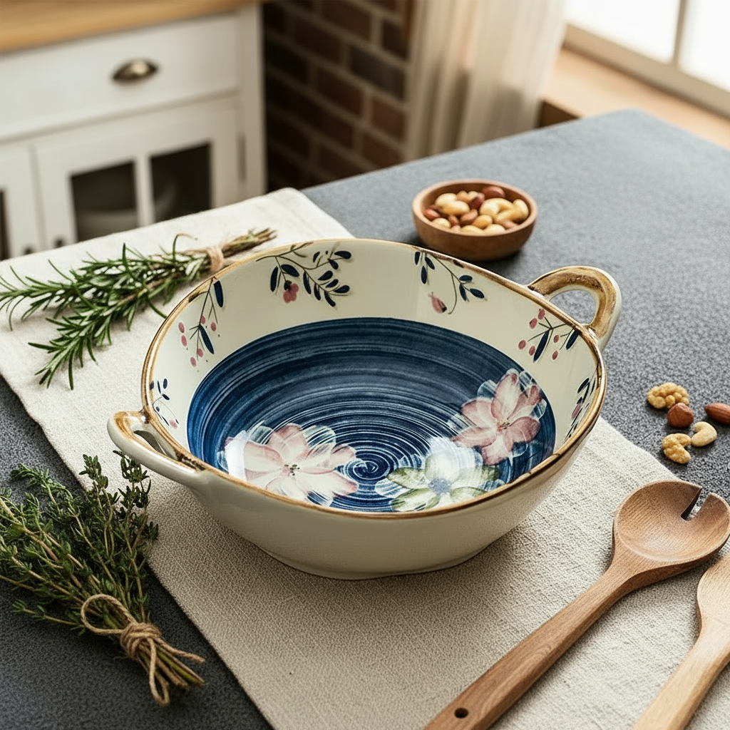 Farmhouse Style Ceramic Bowl Lotus Pond Pattern On Artisanal Style Pottery With Nuts And Herbs On Table