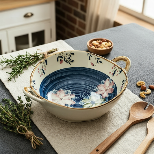 Farmhouse Style Ceramic Bowl Lotus Pond Pattern On Artisanal Style Pottery With Nuts And Herbs On Table