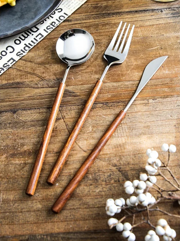 Farmhouse Table And Ferme Stainless Steel Silverware With Rose Wood Handles