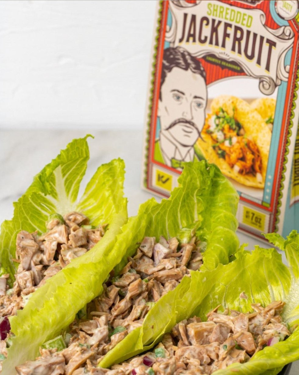 Faux Tuna Salad On Romaine Lettuce Vegan Recipe Using Shredded Jackfruit Upton's Naturals Plant Based Food