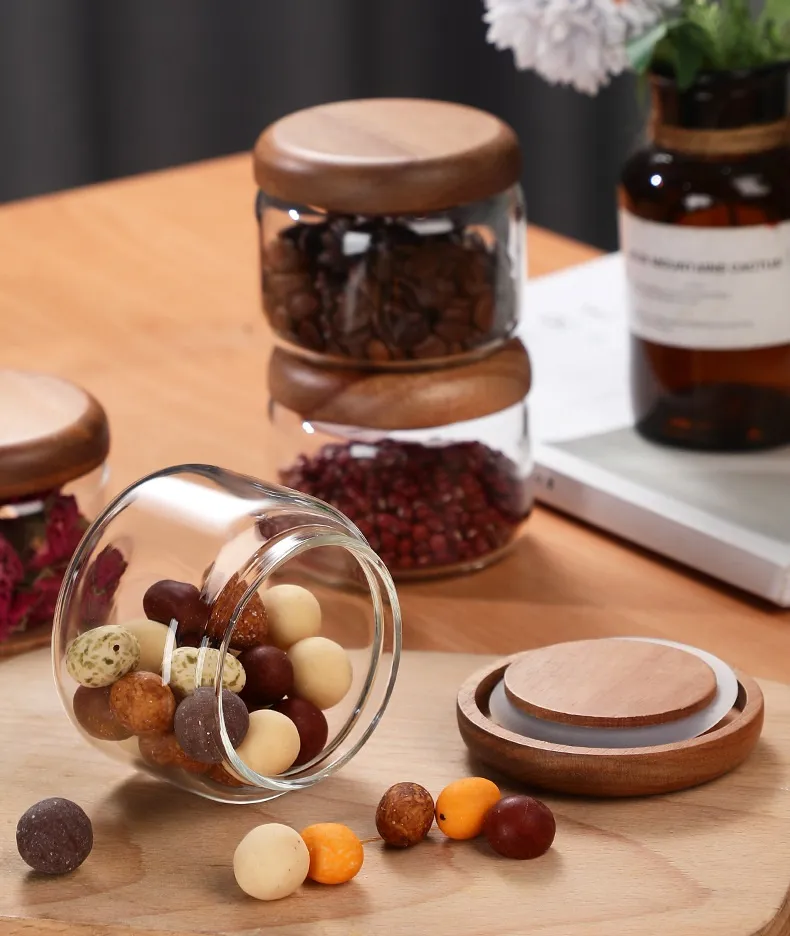 Small Glass Jars For Snacks Food Canisters With Resealable Acacia Wood Lids