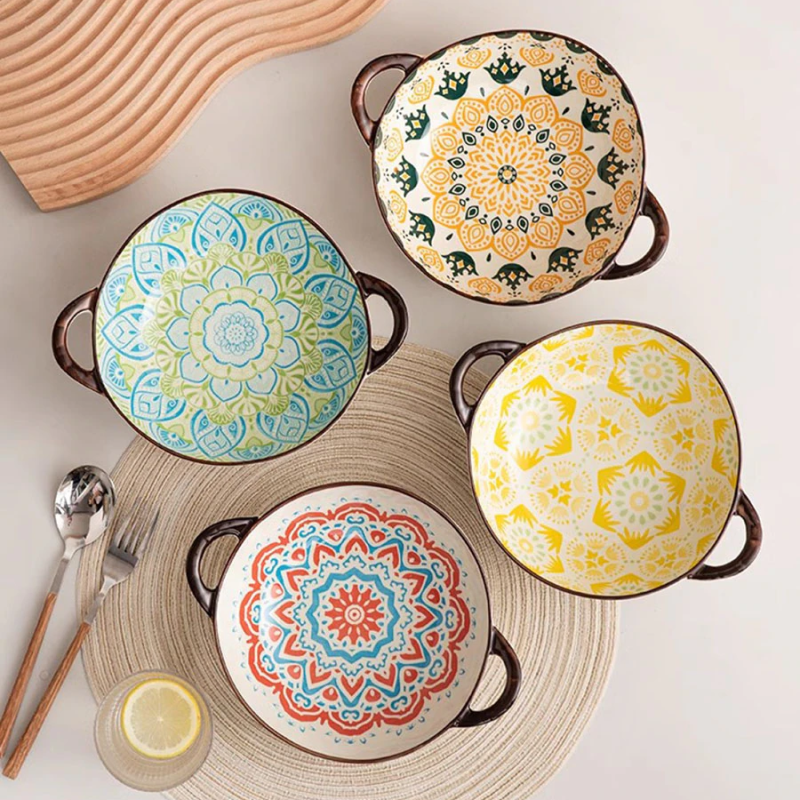 Summer Tablescapes Set With Boho Style Farmhouse Ceramic Bowls With Handles