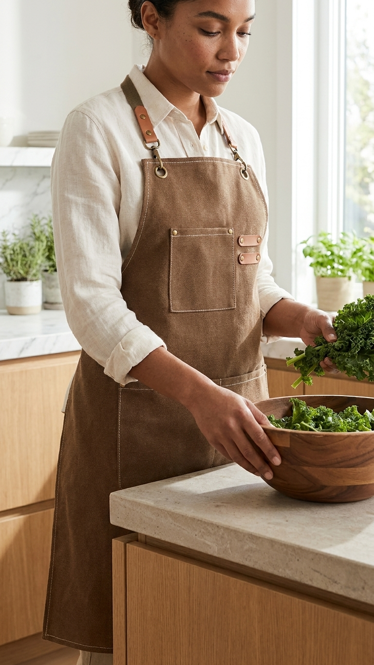 Fresh Kale Salad In Wooden Bowl And Woman In Kitchen Apron Coffee Brown Color Cotton Canvas