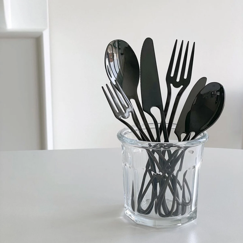 Shiny Silverware Minimalistic Style Smooth Black Stainless Steel Forks Knives And Spoons With Cut Out Handles