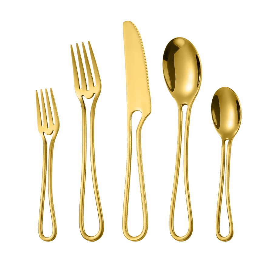 Minimalist Cut Out Handle Stainless Steel Gold Flatware 5 Piece Set