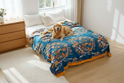 Golden Retriever Dog On Cozy Bed With Blanket Brinley 2 Regal Floral Bedding Quilt