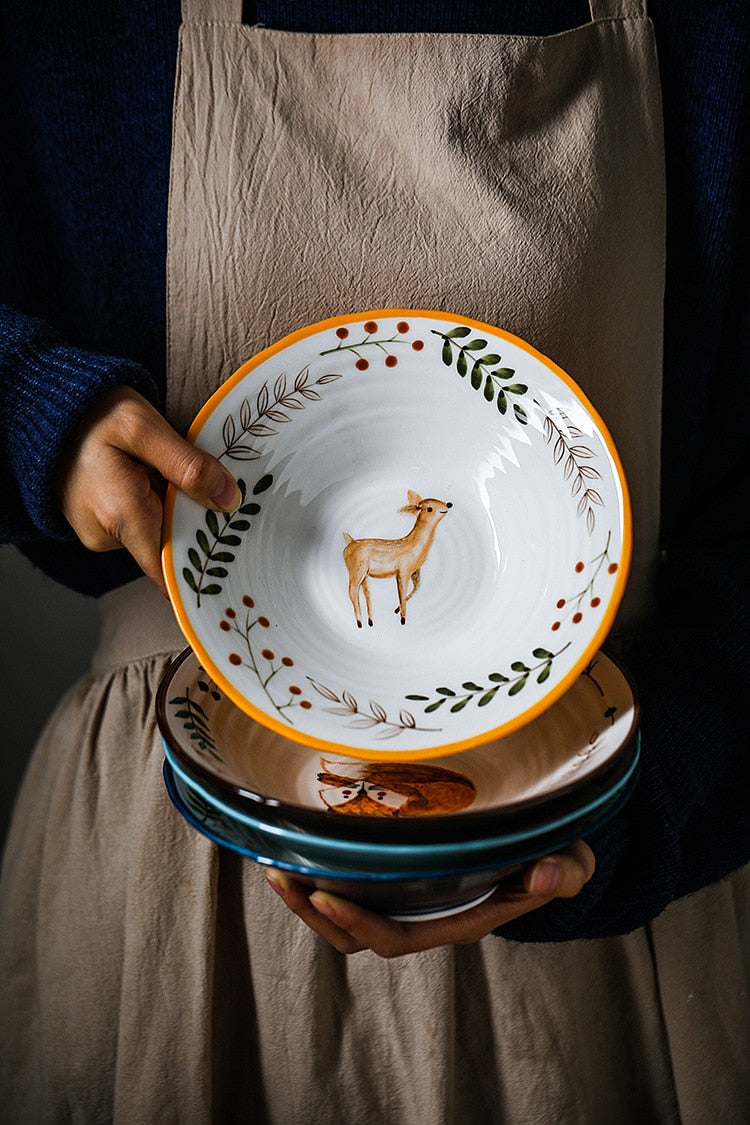 Holding Bavarian Woodland Animals Farmhouse Style Ceramic Bowls With Deer Fox And Other Forest Friends