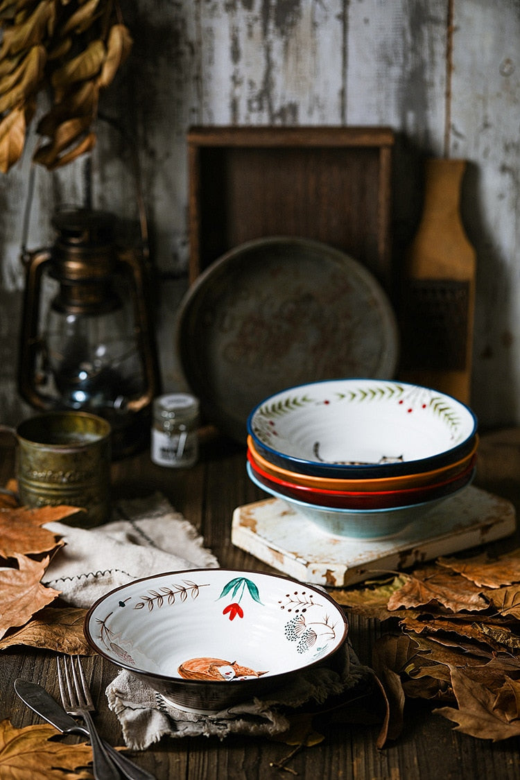 Farmhouse Style Fall Tablescape With Bavarian Woodland Animal Ceramic Bowls Handpainted Dinnerware