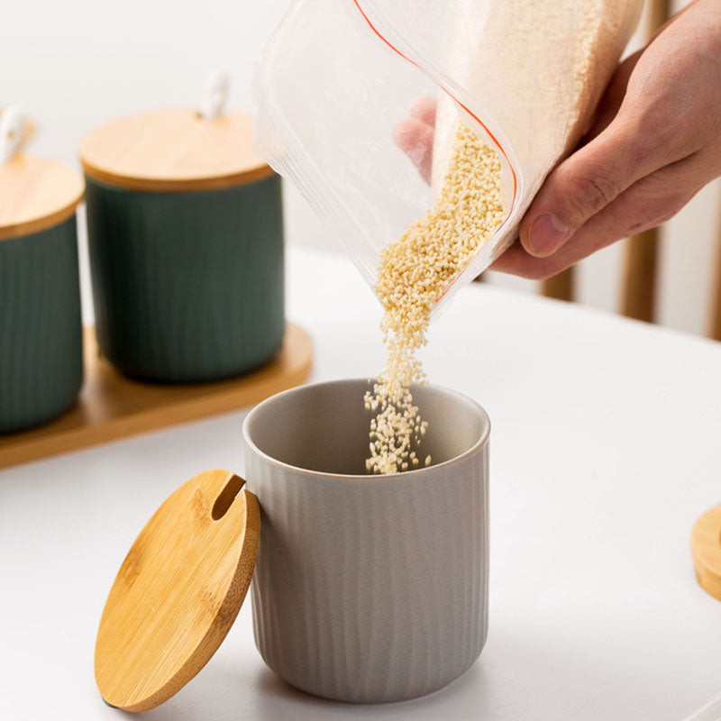Storing Foods In Bamboo Lid Ceramic Jars Organic Seaside Style Kitchen Decor