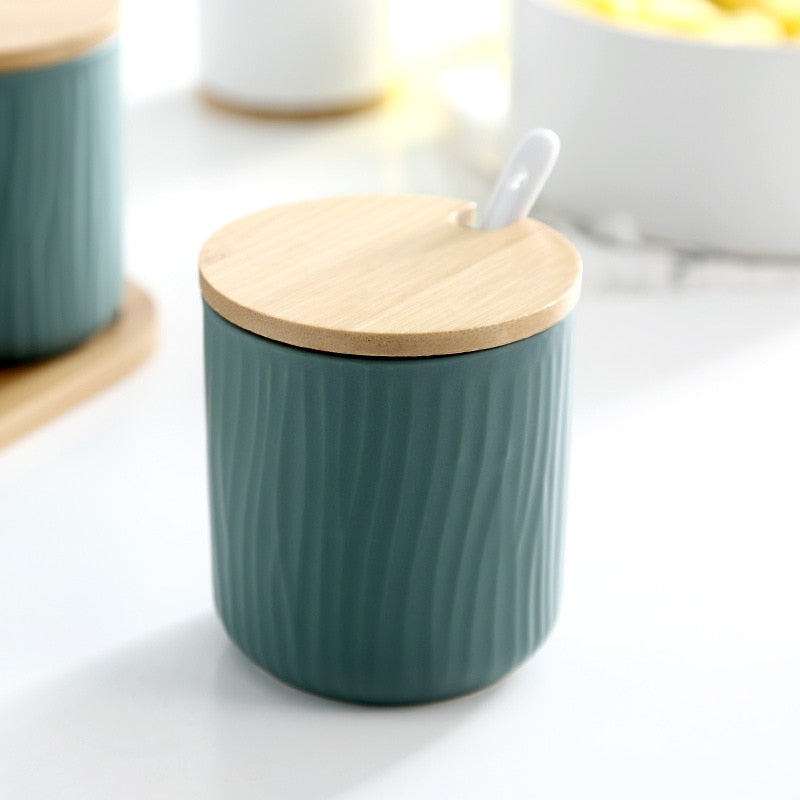 Beautiful Wavy Pattern Pottery Ceramic Jar With Ocean Sea Color Bamboo Lid And Spoon