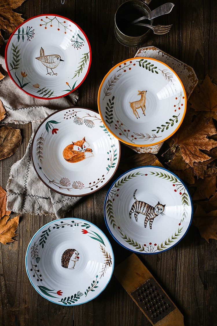 Cute Hand Painted Animals Bavarian Woodland Fawn Fox Bird Cat Hedgehog Ceramic Bowls On Farmhouse Style Table