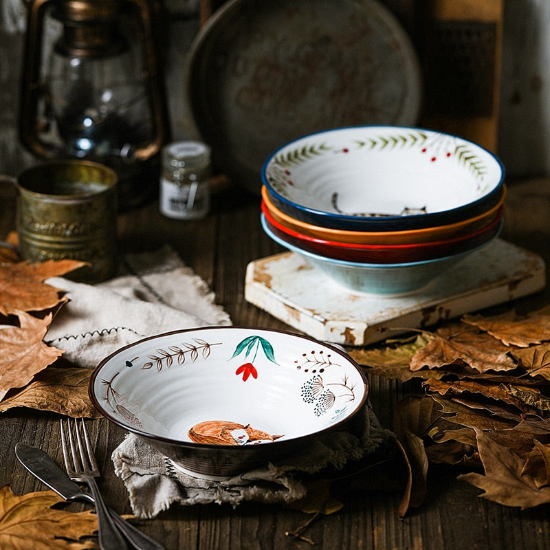 Autumn Tablescape Farmhouse Style Table With Fall Leaves And Bavarian Woodland Hand Painted Animal Dishes Ceramic Pottery Bowls