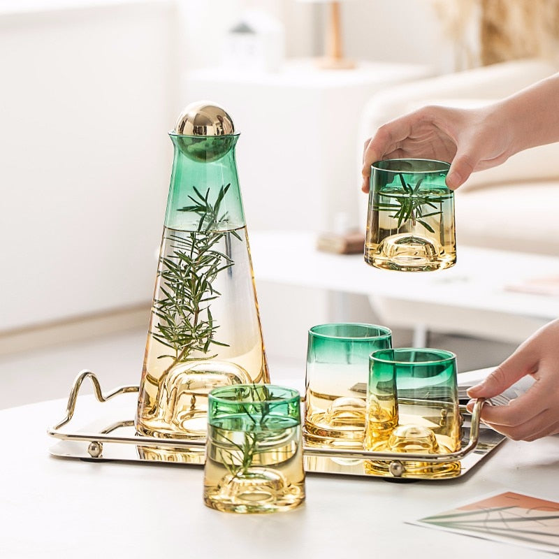 Refreshing Herb Water In Emerald Shore Glass Carafe And Matching Cups