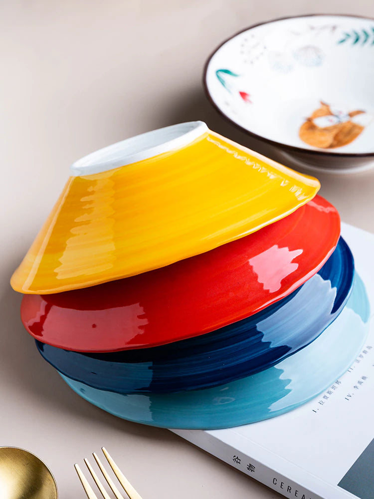 Colorful Dishes Yellow Red Bright Blue Light Blue Brown Bowls With Hand Painted Woodland Animals