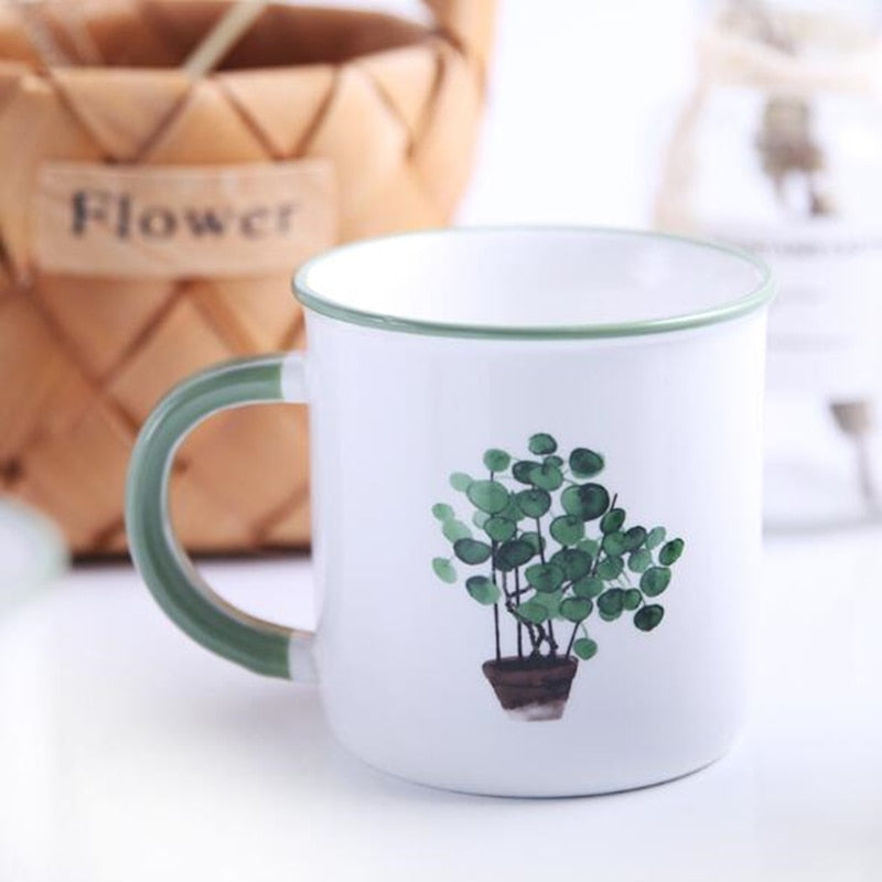 Potted Plant Ceramic Mug With Watercolor Style Houseplant