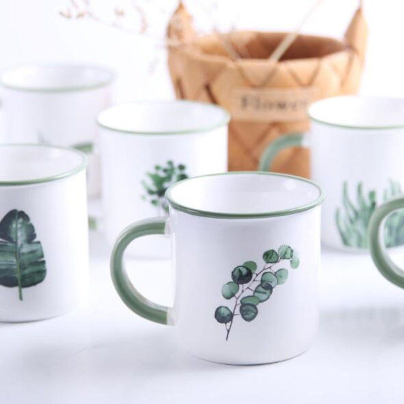 Tropical Leaves Branches And Houseplant Greenery On Ceramic Mugs Painted Plants Style