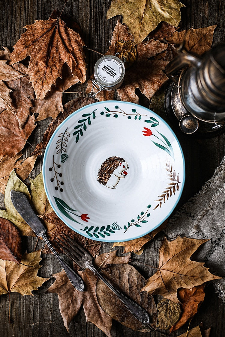 Autumn Hedgehog Tablescape With Fall Leaves And Bavarian Woodland Animals Bowl On Farmhouse Kitchen Table